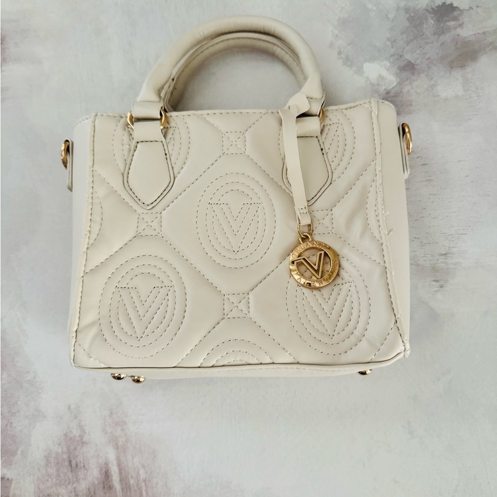Valentino Orlandi Cream Quilted Small Tote with Gold Charm, crossbody strap
